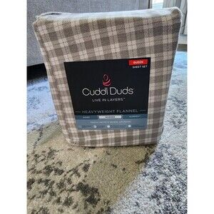 Cuddl Duds Heavyweight Flannel QUEEN Brushed Cotton Sheet Set Neutral Buff Check